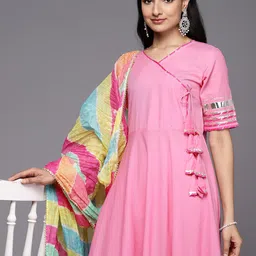 Varanga Angrakha Gotta Patti Pure Cotton Kurta With Trousers & With Dupatta-image-0