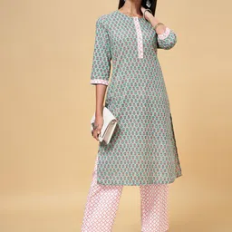 RANGMANCH BY PANTALOONS Women Teal Floral Printed Pure Cotton Kurta with Trousers-image-31