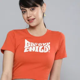 HERE&NOW Women Orange & White Typography Printed Pure Cotton T-shirt-picture-30