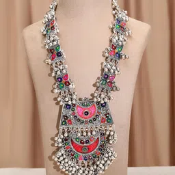 Rubans Oxidised Silver-Plated Multicolour Enamel Crescent Motif & Silver Beads Necklace image 2