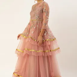Ethnovog Women Peach-Coloured Sequinned Embellished Layered Made To Measure Maxi Dress image 2