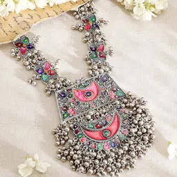 Rubans Oxidised Silver-Plated Multicolour Enamel Crescent Motif & Silver Beads Necklace image 4