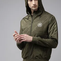 U.S. Polo Assn. Denim Co. Men Olive Green Camouflage Printed Hooded Bomber Jacket image 2