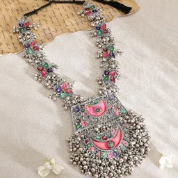 Rubans Oxidised Silver-Plated Multicolour Enamel Crescent Motif & Silver Beads Necklace image 3