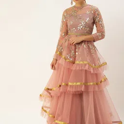 Ethnovog Women Peach-Coloured Sequinned Embellished Layered Made To Measure Maxi Dress image 3