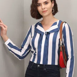 u.s. polo assn. women U S Polo Assn Women Blue & White Striped Crepe Shirt Style Top image 4