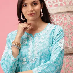 ADA Blue & White Ethnic Motifs Embroidered Chikankari Handloom Kurti image 2