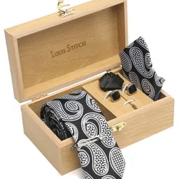 LOUIS STITCH Men Midnight Black Italian Silk Necktie Accessory Gift Set image 5