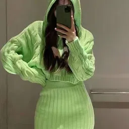 LULU & SKY Cable-Knit Self Design Hooded Pastels Top with Ribbed High-Waist Skirt-picture-24