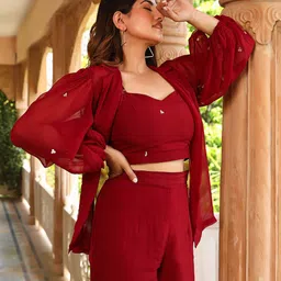 Lirose Shoulder Straps Crop Top & Trouser With Shrug Co-Ords image 2