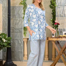 NIGHT FLOSS Printed Round Neck Three-Quarter Sleeves Pure Cotton Top With Palazzo image 4