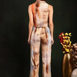 Claura Brown Printed Lapel Collar Top With Trousers image 4