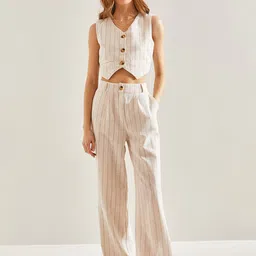 BIANCO LUCCI Striped V-Neck Sleeveless Casual Waistcoat With Trousers image 5