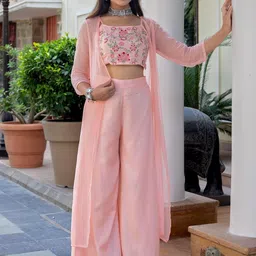 KASYA Embroidered Shoulder Straps Ethnic Top With Palazzos & Shrug image 1