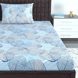 Divine Casa Blue & White Floral 144 TC Single Bedsheet with 1 Pillow Covers-image-62