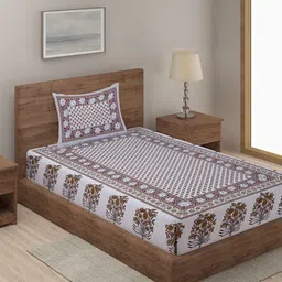 Rajasthan Decor White Floral Printed Cotton 144 TC Single Bedsheet With 1 Pillow Cover-image-30