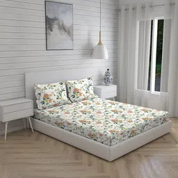 Boutique Living India White & Green Floral 230 TC King Bedsheet with 2 Pillow Covers image 1