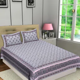 Texstylers Grey & Pink Floral Cotton 144 TC Queen Bedsheet with 2 Pillow Covers 120GSM-image-86