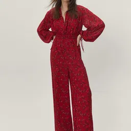 NASTY GAL Maroon Floral Print Chiffon Wide Leg Jumpsuit-picture-41