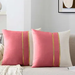AEROHAVEN Pink & White 2 Pieces Colourblocked Velvet Square Cushion Covers image 1