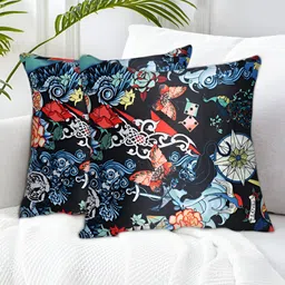 Tesmare Navy Blue & Red 2 Pieces Floral Satin Square Cushion Covers-picture-11