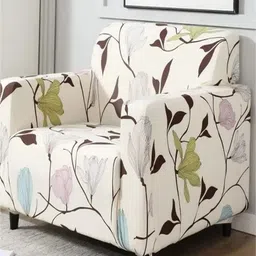 HOUSE OF QUIRK Single Seater Cream-Coloured & Blue Printed Sofa Cover With Arms-image-44