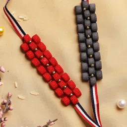 Aapno Rajasthan Pack Of 2 Red & Black Geometric Beaded Rakhi With Roli Chawal & Card-picture-30