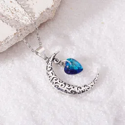 GIVA 925 Sterling Rhodium-Plated Silver-Toned & Blue Stone-Studded Moon Heart Pendant With Link Chain-picture-27