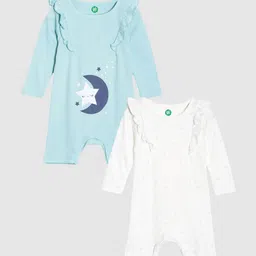 YK Organic Infants Girls Pack Of 2 Blue & White Graphic Prints & Lace Pure Cotton Rompers-picture-38
