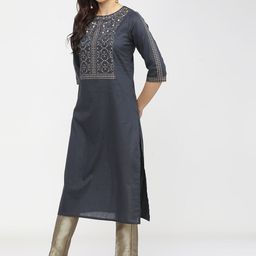 Vishudh Women Navy Blue Ethnic Motifs Yoke Design Flared Sleeves Mirror Work Kurta-picture-7