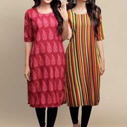 7threads KALINI Women Red & Mustard Yellow Paisley Printed Block Print Crepe Kurta-picture-10