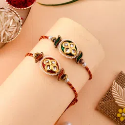 Aapno Rajasthan Set Of 2 Pearl and Kundan Couture Rakhi With Roli Rice & Greeting Card-picture-14