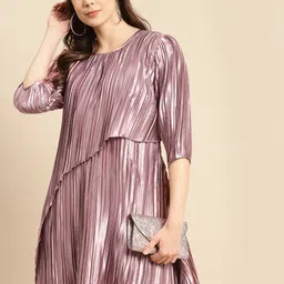 MABISH by Sonal Jain Mauve Satin Finish Accordion Pleats Overlap A-Line Dress-picture-23