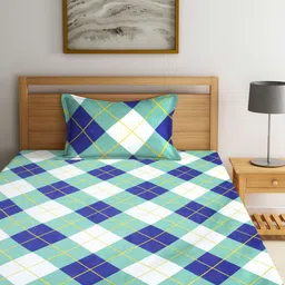 Arrabi Green & White Geometric Fitted 300 TC Single Bedsheet With 1 Pillow Cover-picture-14