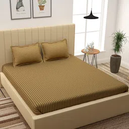 Story@home Brown Self-Striped 300 TC Cotton 1 King Bedsheet with 2 Pillow Covers-image-11
