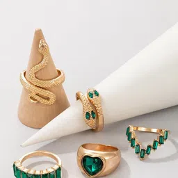 DESTINY JEWELS Set Of 6 Gold-Plated Rhinestone Studded Serpentine Decor Finger Rings-image-49