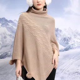 Tokyo Talkies Brown Cable Knit Self Design Turtle Neck Acrylic Poncho Sweater-picture-26