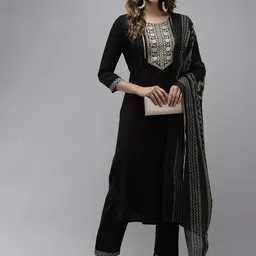 Yufta Women Black Floral Yoke Design Regular Thread Work Kurta with Trousers & With Dupatta-picture-12