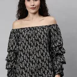 RHHENSO Women Black & White Leaf Printed Bardot Top With Puff Sleeves-picture-20