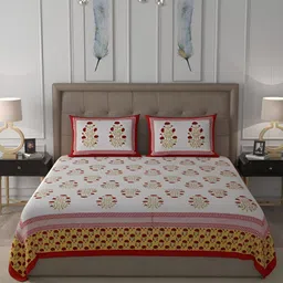 Wayne Martin White & Red Floral Cotton 400 TC King Bedsheet With 2 Pillow Covers-image-4