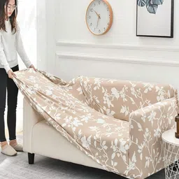 HOUSE OF QUIRK Cream-Coloured & White Printed Polyester 1 Seater Sofa Cover With Arms image 4
