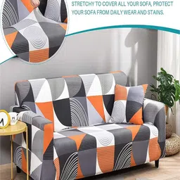 HOUSE OF QUIRK Single Seater Grey & Orange ColouredPrinted Sofa Cover With Arms image 2