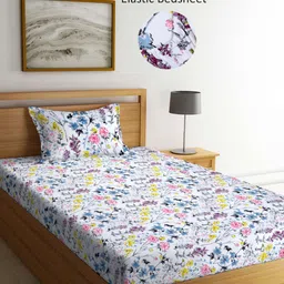 Arrabi White & Yellow Floral Printed 300 TC Fitted Single Bedsheet & Pillow Cover image 5