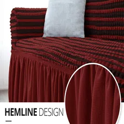 Cortina Maroon Striped Two Seater Stretchable Sofa Cover With Skirt image 5