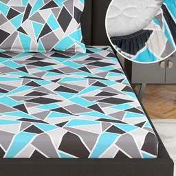 Divine Casa Turquoise Blue & White Geometric 144 TC Single Bedsheet with 1 Pillow Covers image 2
