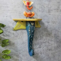 disoo fashions Blue & Yellow Elephant Trunk Design Hand Carving Pooja Shelf image 2
