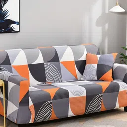 HOUSE OF QUIRK Single Seater Grey & Orange ColouredPrinted Sofa Cover With Arms image 4