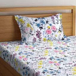 Arrabi White & Yellow Floral Printed 300 TC Fitted Single Bedsheet & Pillow Cover image 4