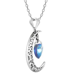 GIVA 925 Sterling Rhodium-Plated Silver-Toned & Blue Stone-Studded Moon Heart Pendant With Link Chain image 2