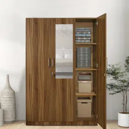 mintwud from pepperfry Kibo 3 Door Wardrobe In Lyon Walnut Finish With Drawer& Adjustable Shelves & Mirror-picture-37